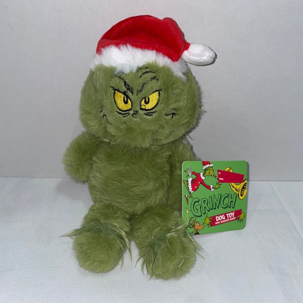 Dr Seuss The Grinch Christmas Plush‎ Dog Toy with Squeaker Santa Hat Green 9in